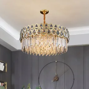 10-Light Crystal Block Pendant Chandelier in Gold for Bedroom