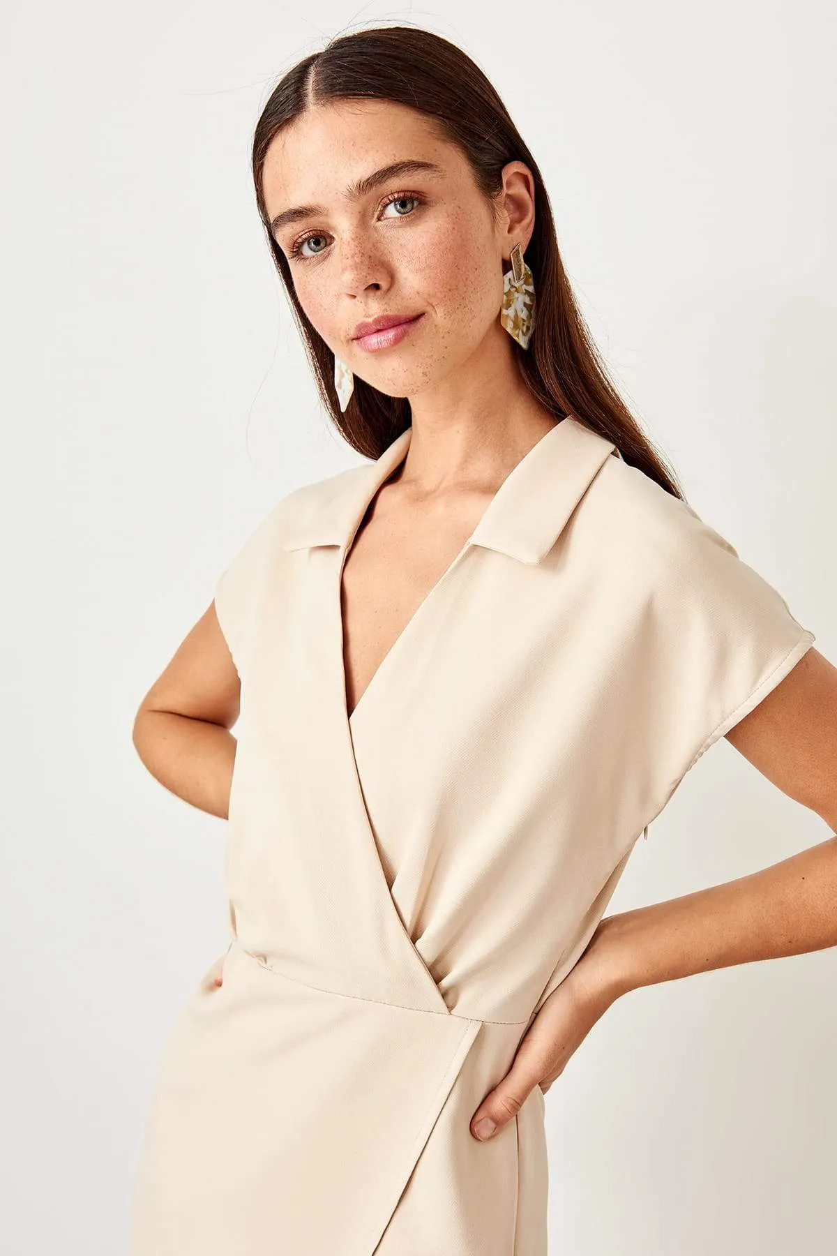 12777 Beige Wrap Skirt Dress