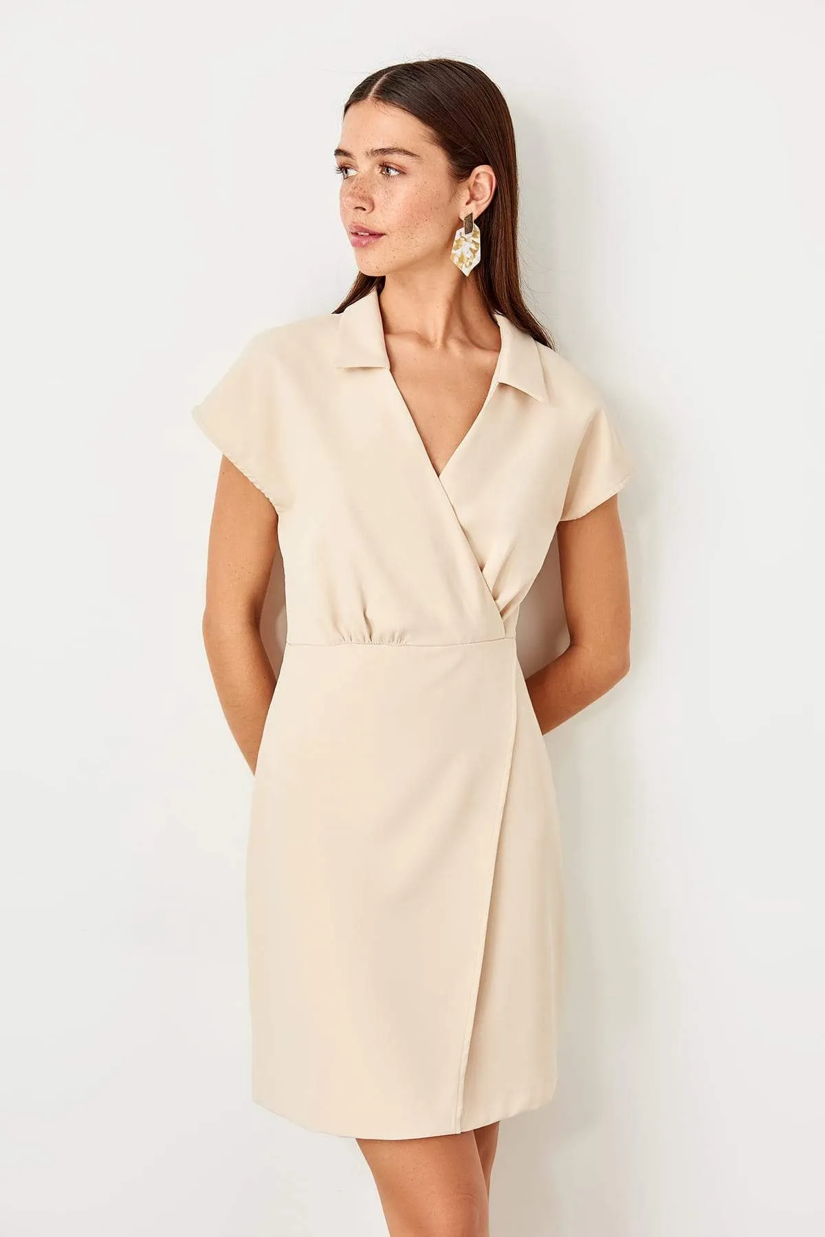 12777 Beige Wrap Skirt Dress