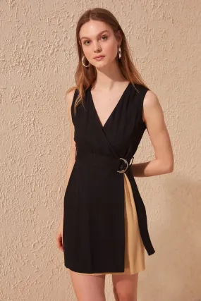 17606 Black-Beige Belt Wrap Dress