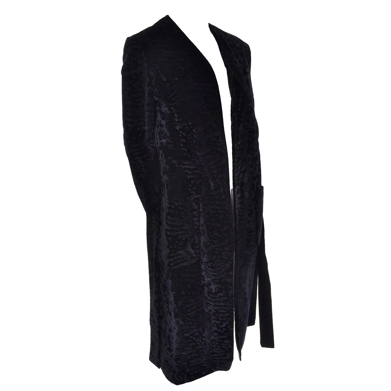 1970s Bill Blass Wrap Coat in Black Flocked Velvet w/ Pockets & Belt