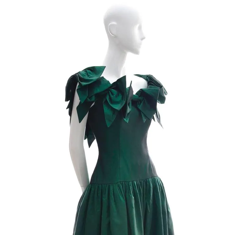 1980s Victor Costa Vintage Evening Gown Iridescent Green Bows 6/8