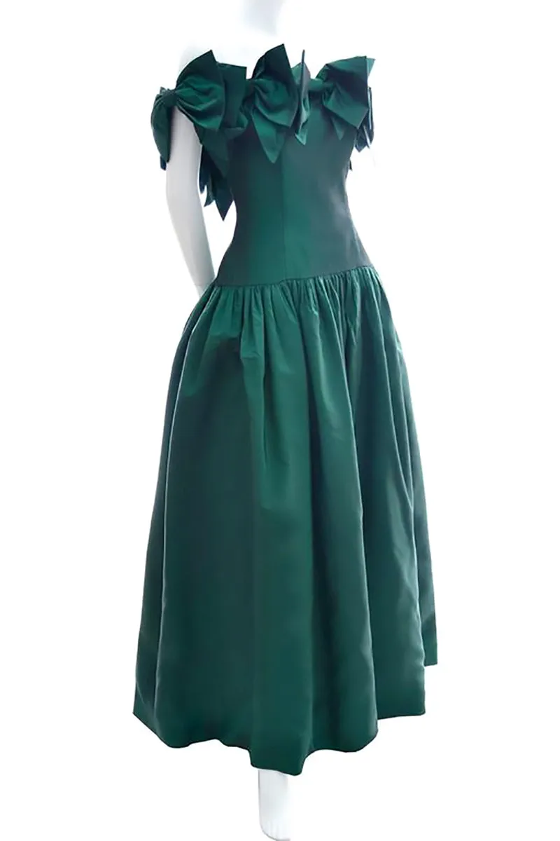 1980s Victor Costa Vintage Evening Gown Iridescent Green Bows 6/8