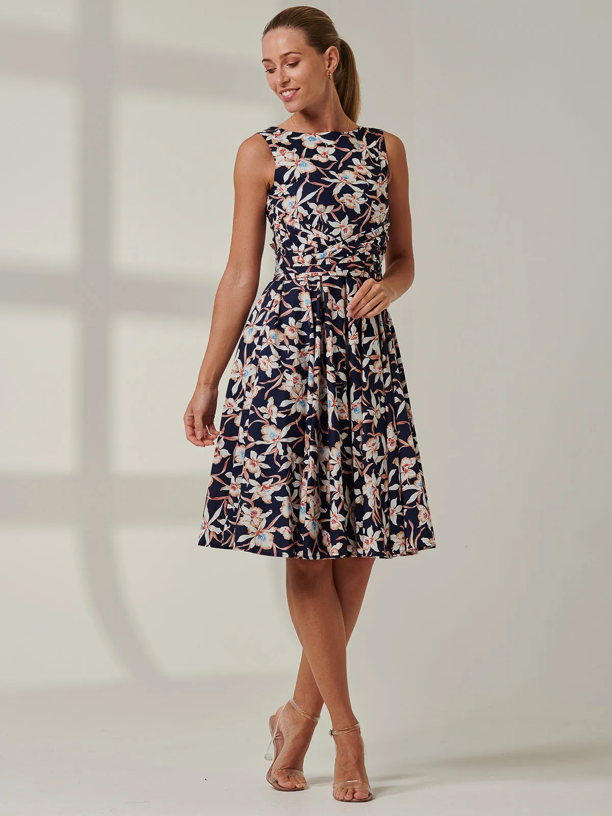 50s Wrap Belt Full Skirted Dress, Navy Floral