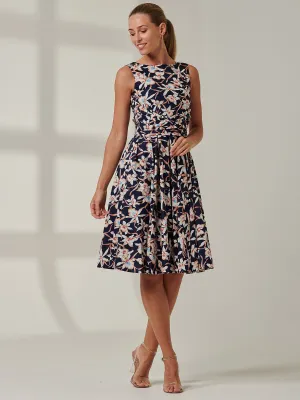 50s Wrap Belt Full Skirted Dress, Navy Floral