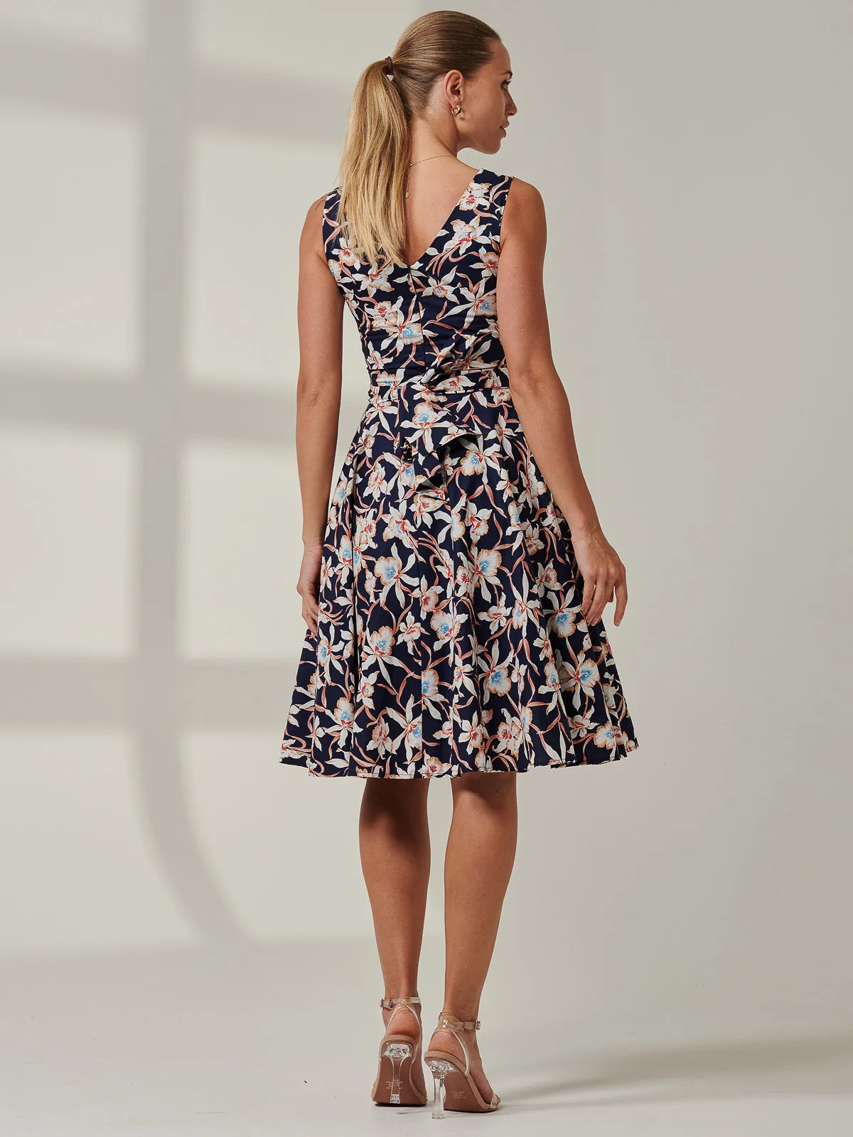 50s Wrap Belt Full Skirted Dress, Navy Floral