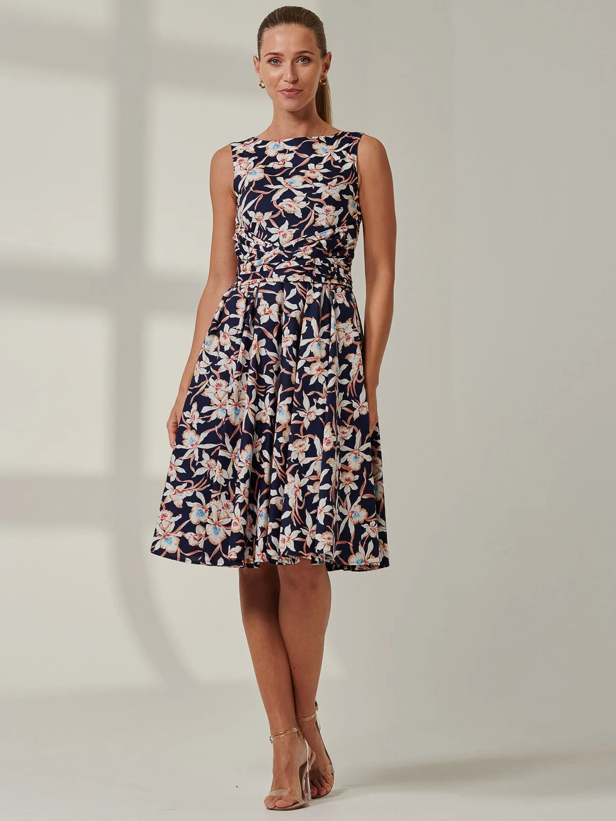 50s Wrap Belt Full Skirted Dress, Navy Floral