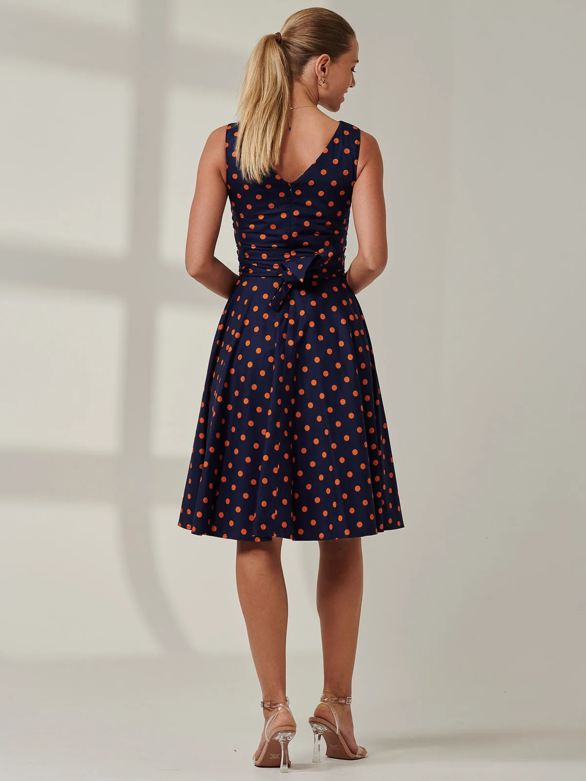 50s Wrap Belt Full Skirted Dress, Navy Polka Dot