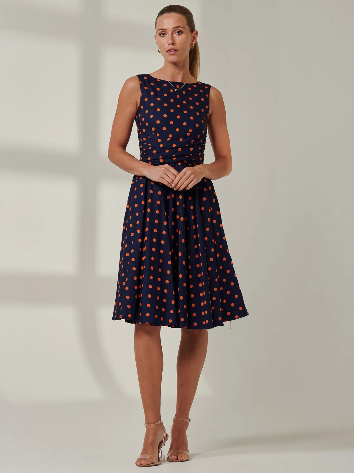 50s Wrap Belt Full Skirted Dress, Navy Polka Dot