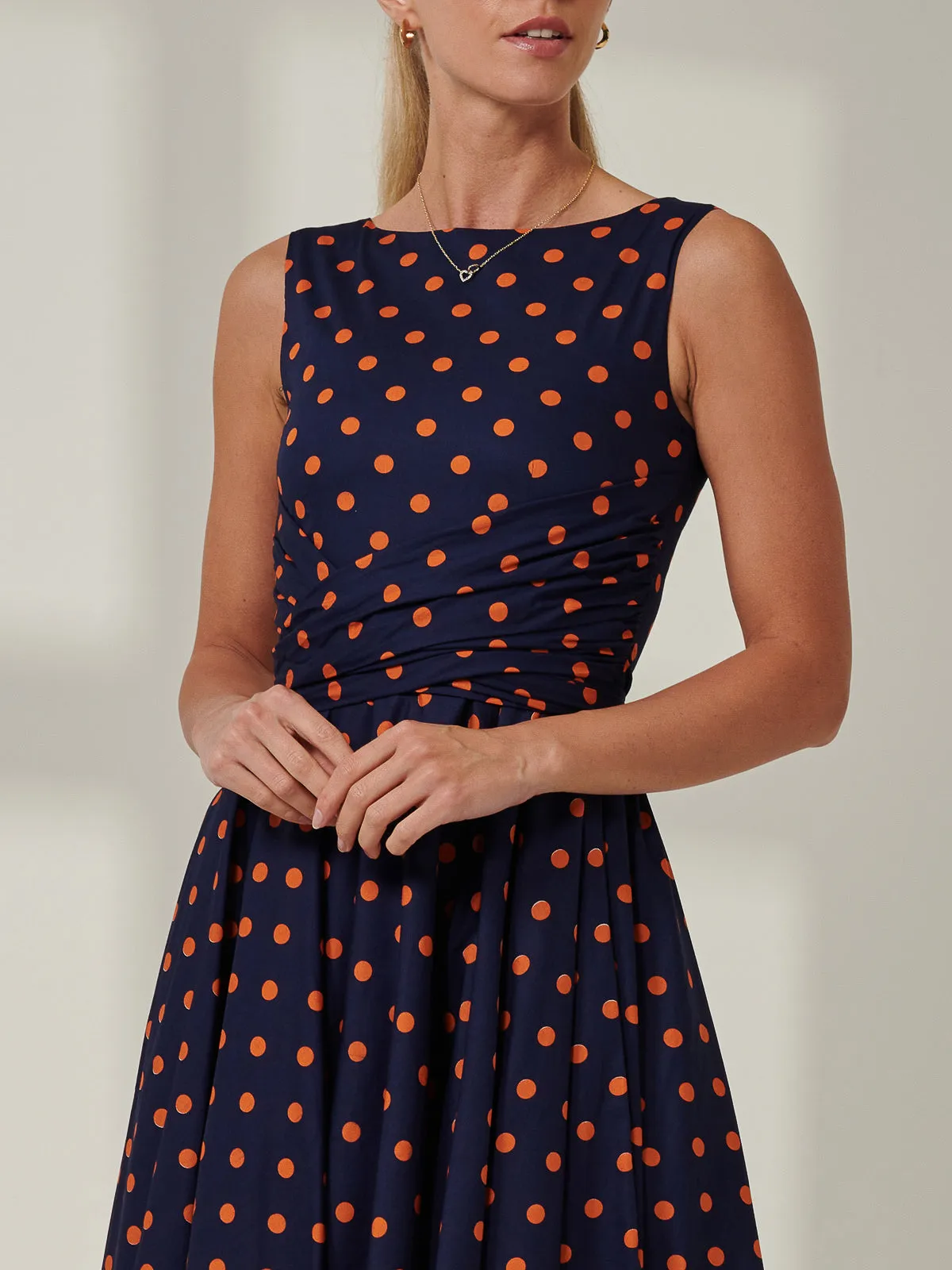 50s Wrap Belt Full Skirted Dress, Navy Polka Dot