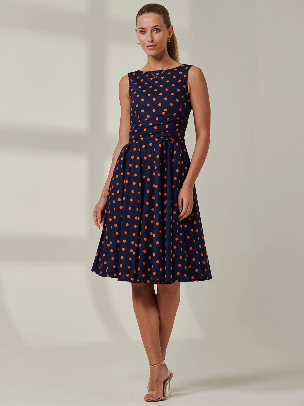 50s Wrap Belt Full Skirted Dress, Navy Polka Dot