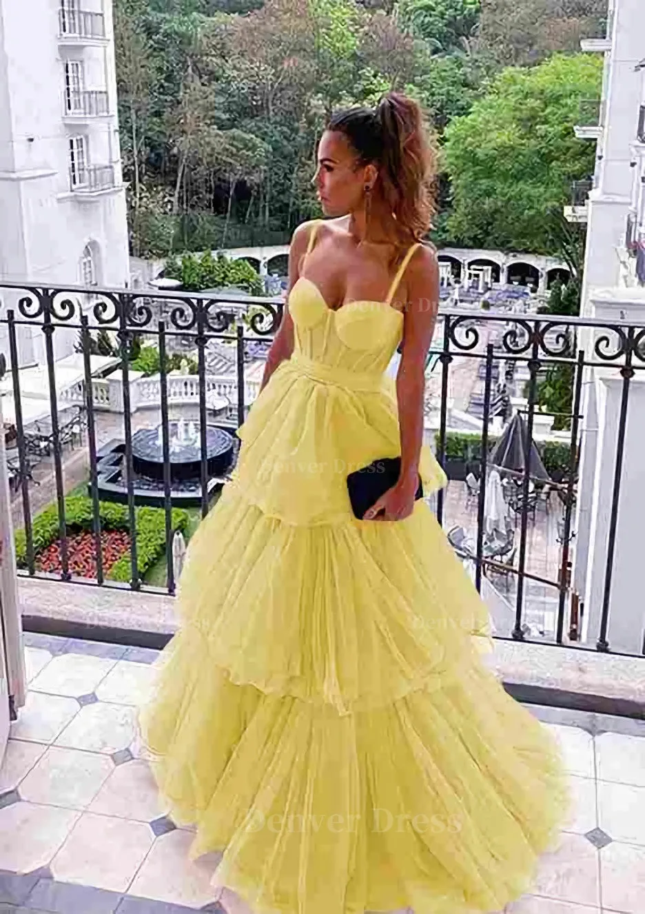 A-line Sweetheart Sleeveless Long/Floor-Length Tulle Prom Dresses With Ruffles