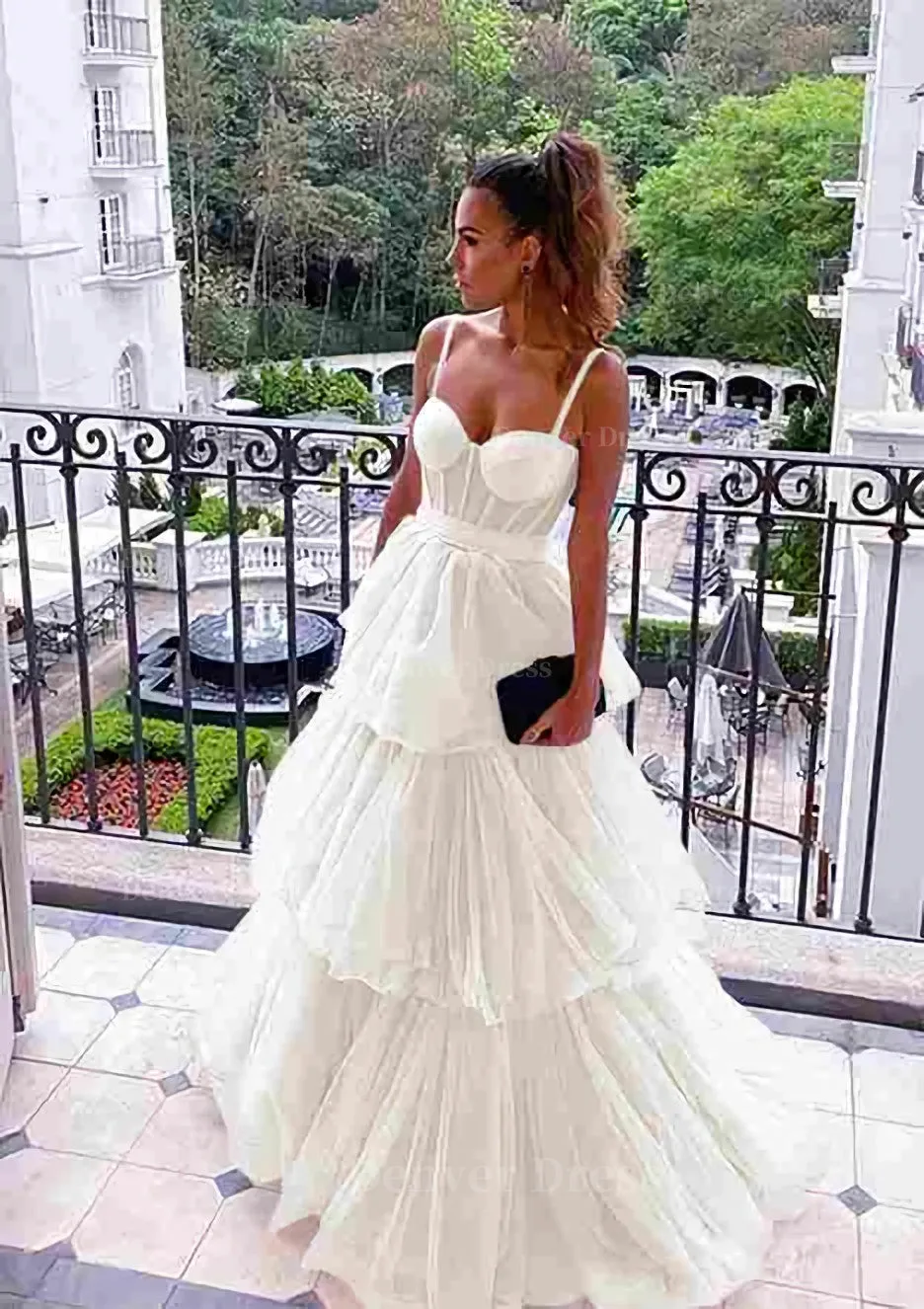 A-line Sweetheart Sleeveless Long/Floor-Length Tulle Prom Dresses With Ruffles