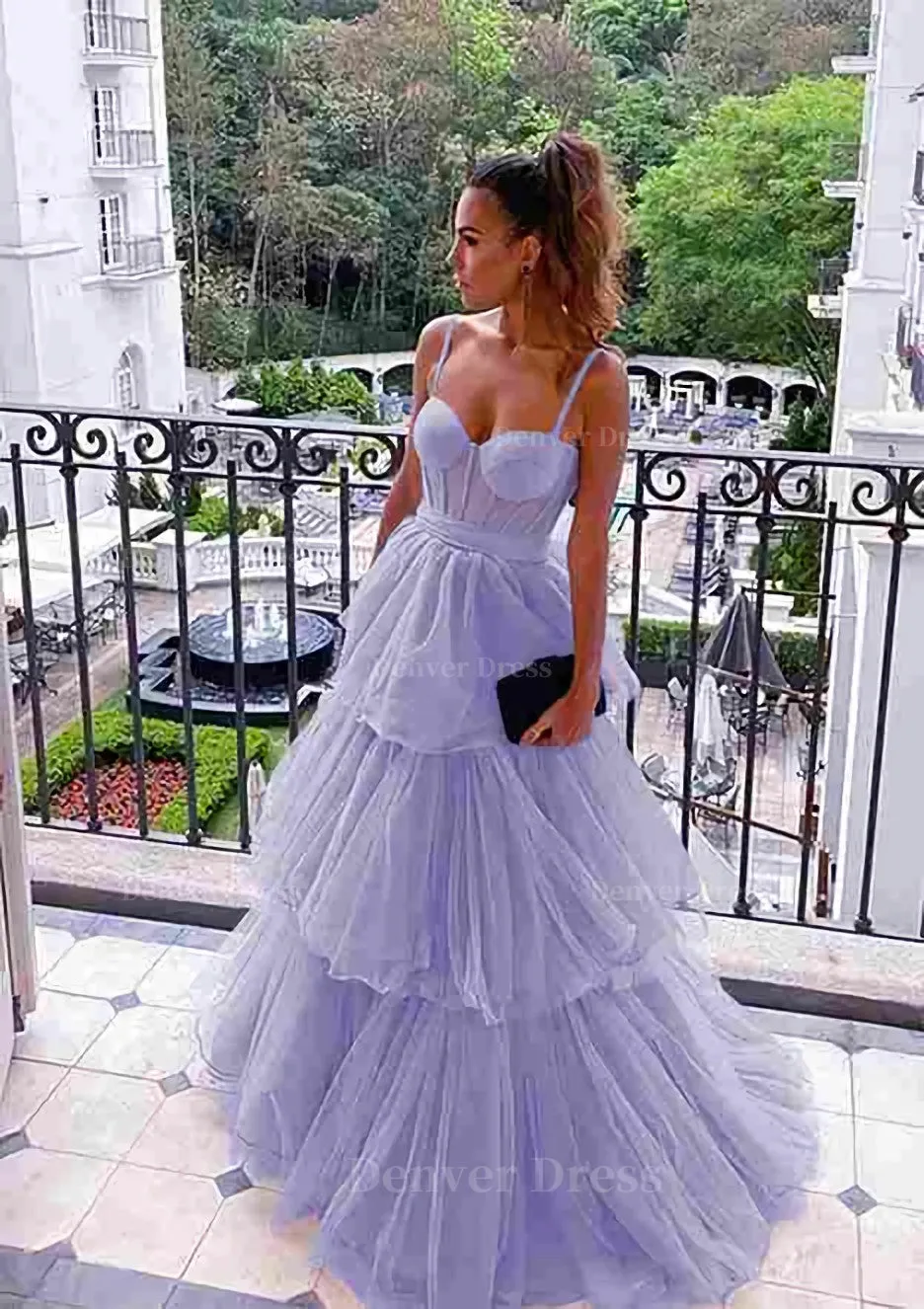 A-line Sweetheart Sleeveless Long/Floor-Length Tulle Prom Dresses With Ruffles