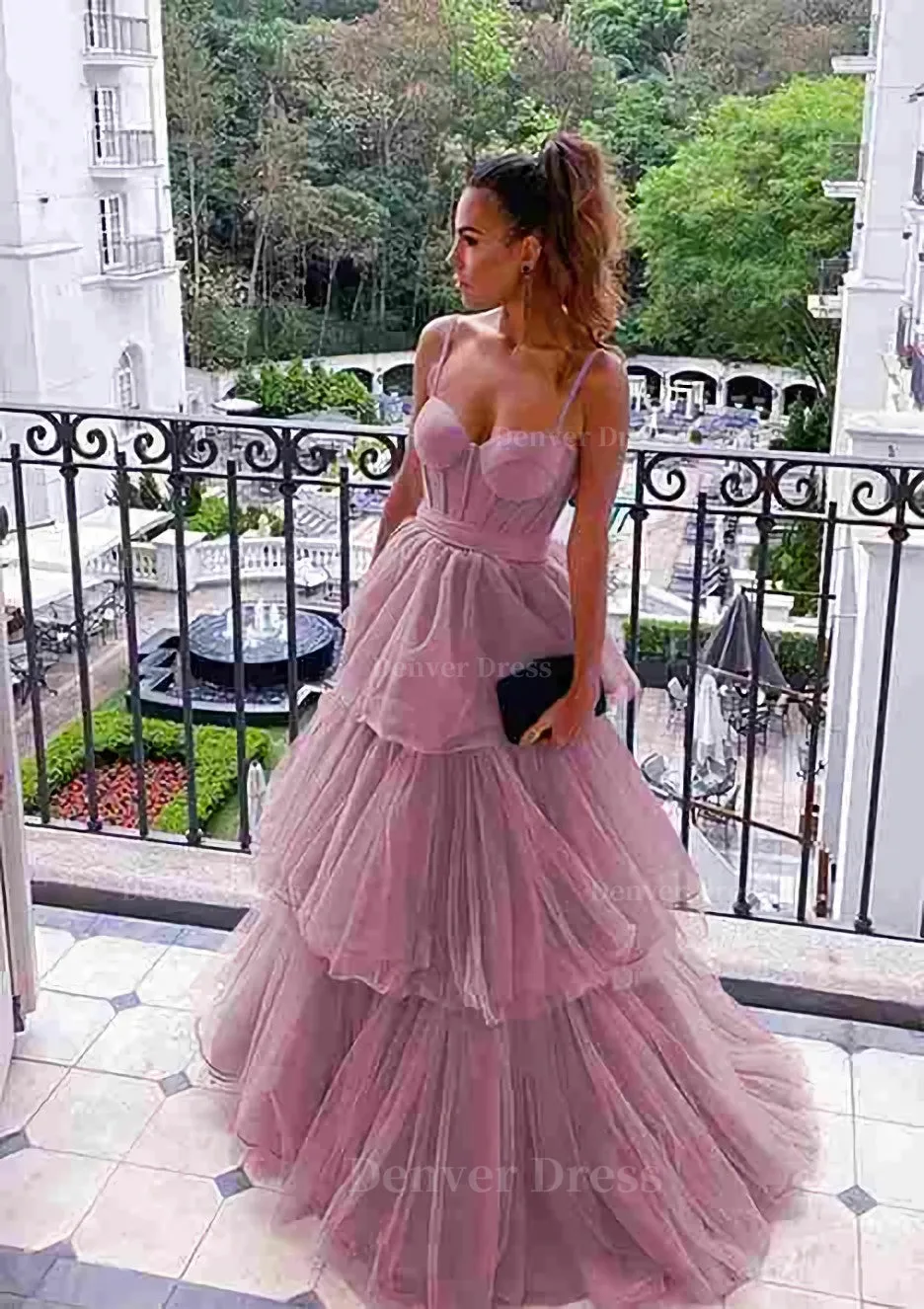 A-line Sweetheart Sleeveless Long/Floor-Length Tulle Prom Dresses With Ruffles