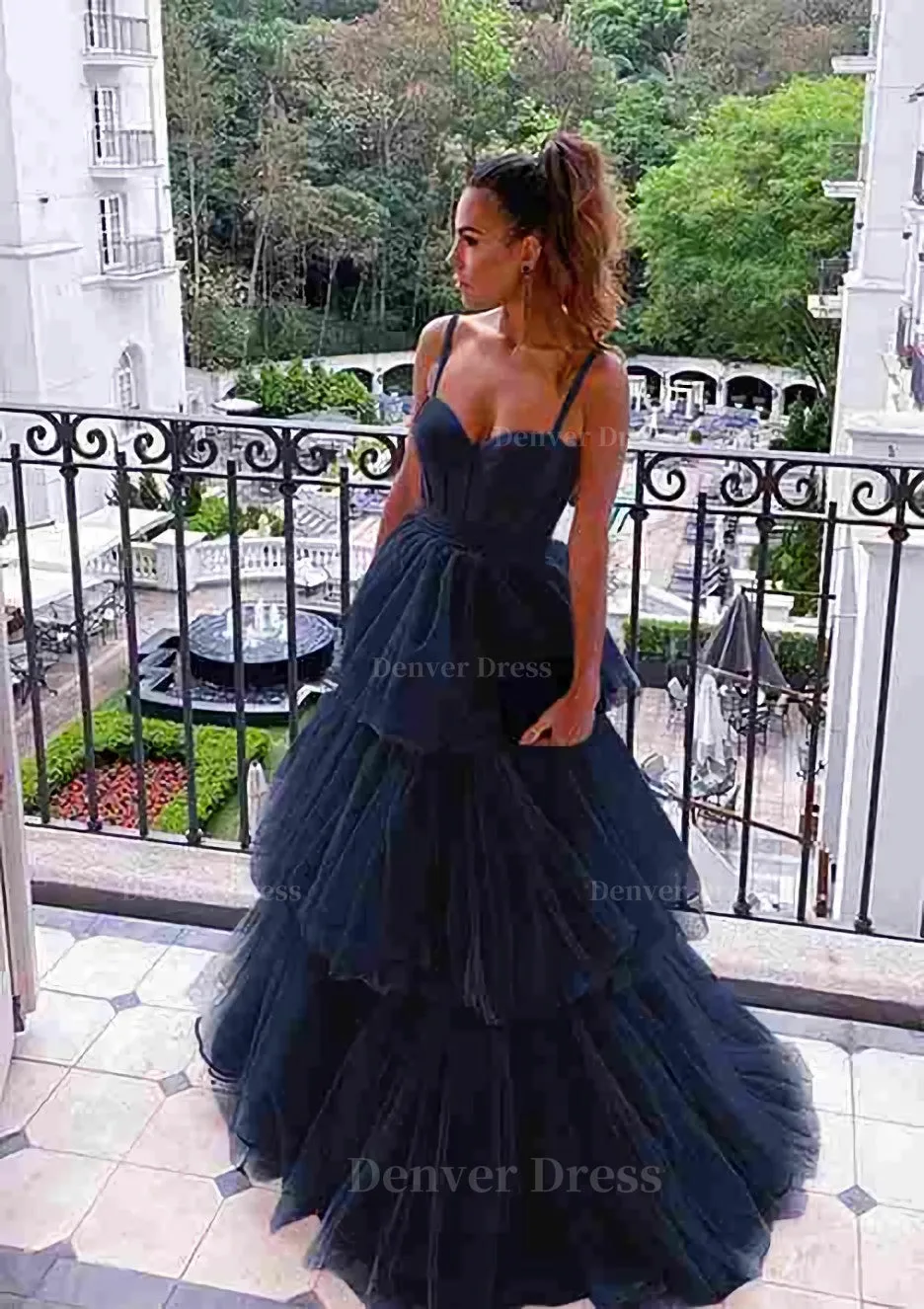 A-line Sweetheart Sleeveless Long/Floor-Length Tulle Prom Dresses With Ruffles