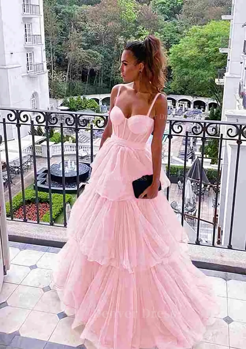 A-line Sweetheart Sleeveless Long/Floor-Length Tulle Prom Dresses With Ruffles