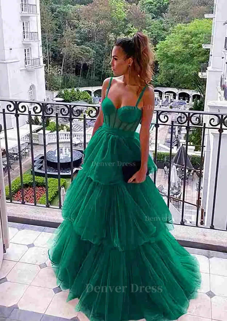 A-line Sweetheart Sleeveless Long/Floor-Length Tulle Prom Dresses With Ruffles