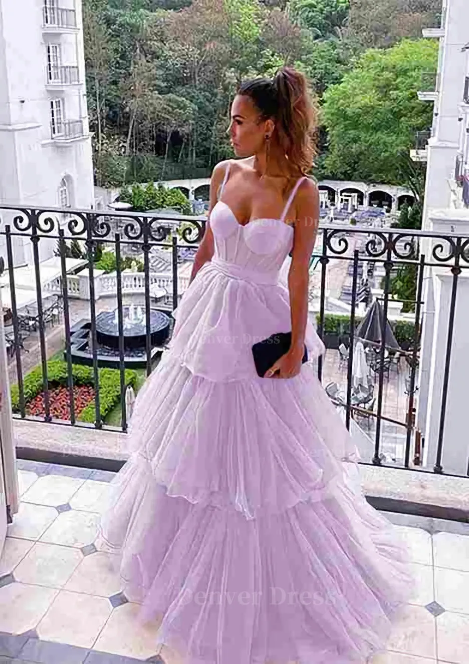 A-line Sweetheart Sleeveless Long/Floor-Length Tulle Prom Dresses With Ruffles