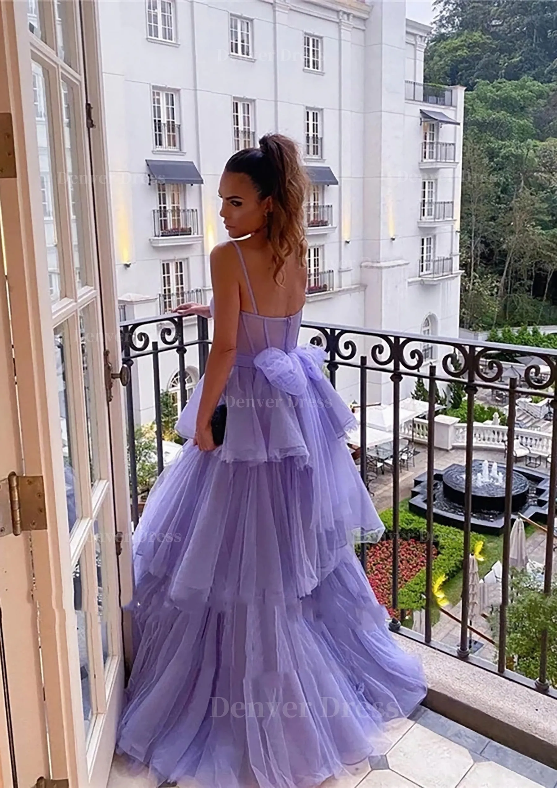 A-line Sweetheart Sleeveless Long/Floor-Length Tulle Prom Dresses With Ruffles