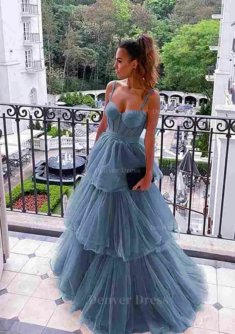 A-line Sweetheart Sleeveless Long/Floor-Length Tulle Prom Dresses With Ruffles