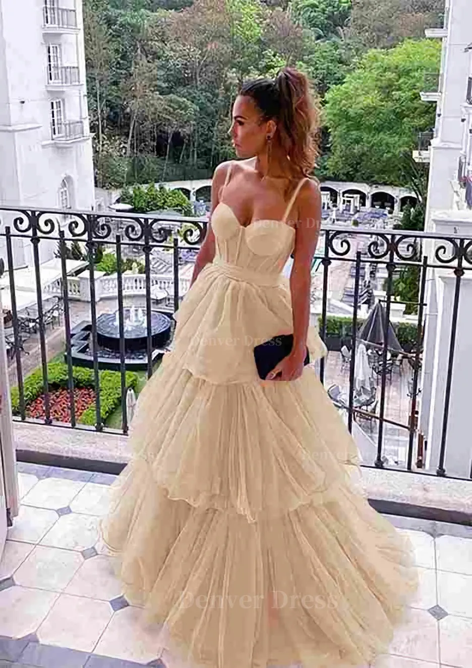 A-line Sweetheart Sleeveless Long/Floor-Length Tulle Prom Dresses With Ruffles