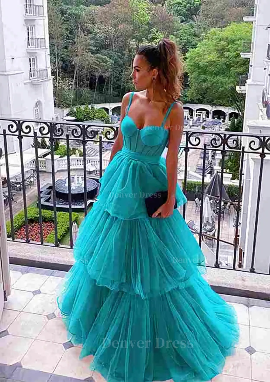 A-line Sweetheart Sleeveless Long/Floor-Length Tulle Prom Dresses With Ruffles