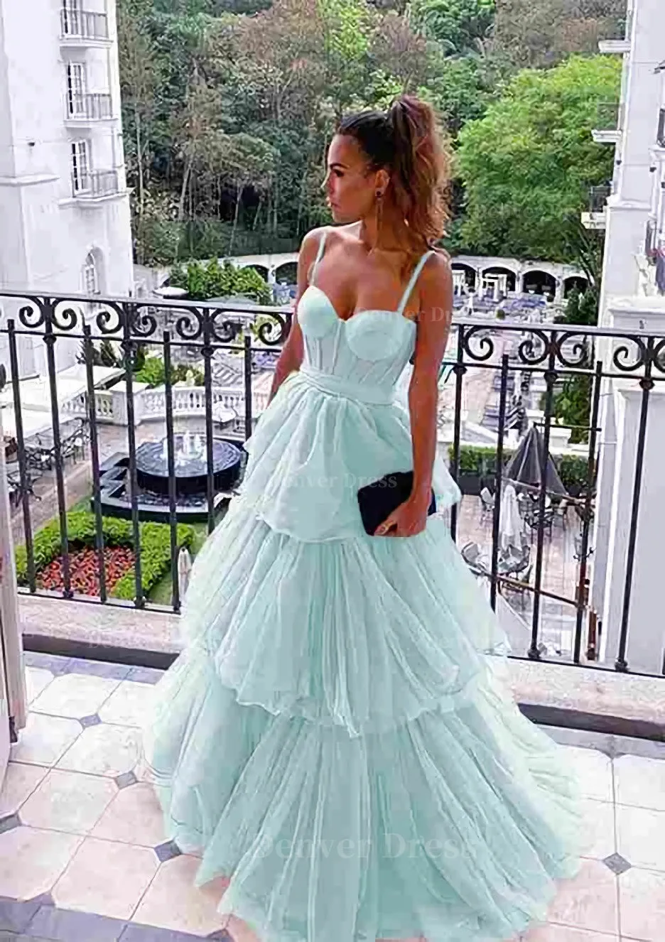 A-line Sweetheart Sleeveless Long/Floor-Length Tulle Prom Dresses With Ruffles