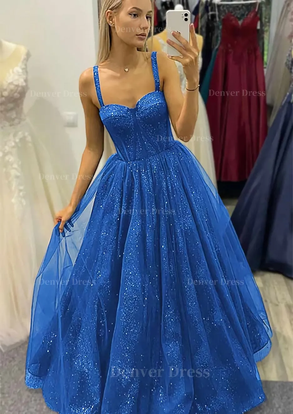 A-line Sweetheart Spaghetti Straps Long/Floor-Length Tulle Glitter Prom Dress