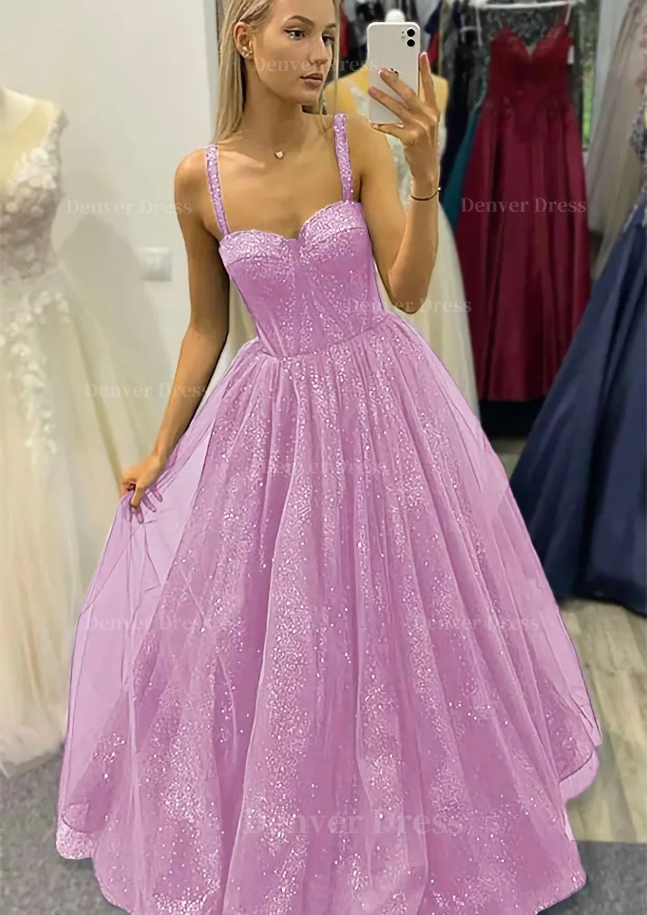 A-line Sweetheart Spaghetti Straps Long/Floor-Length Tulle Glitter Prom Dress