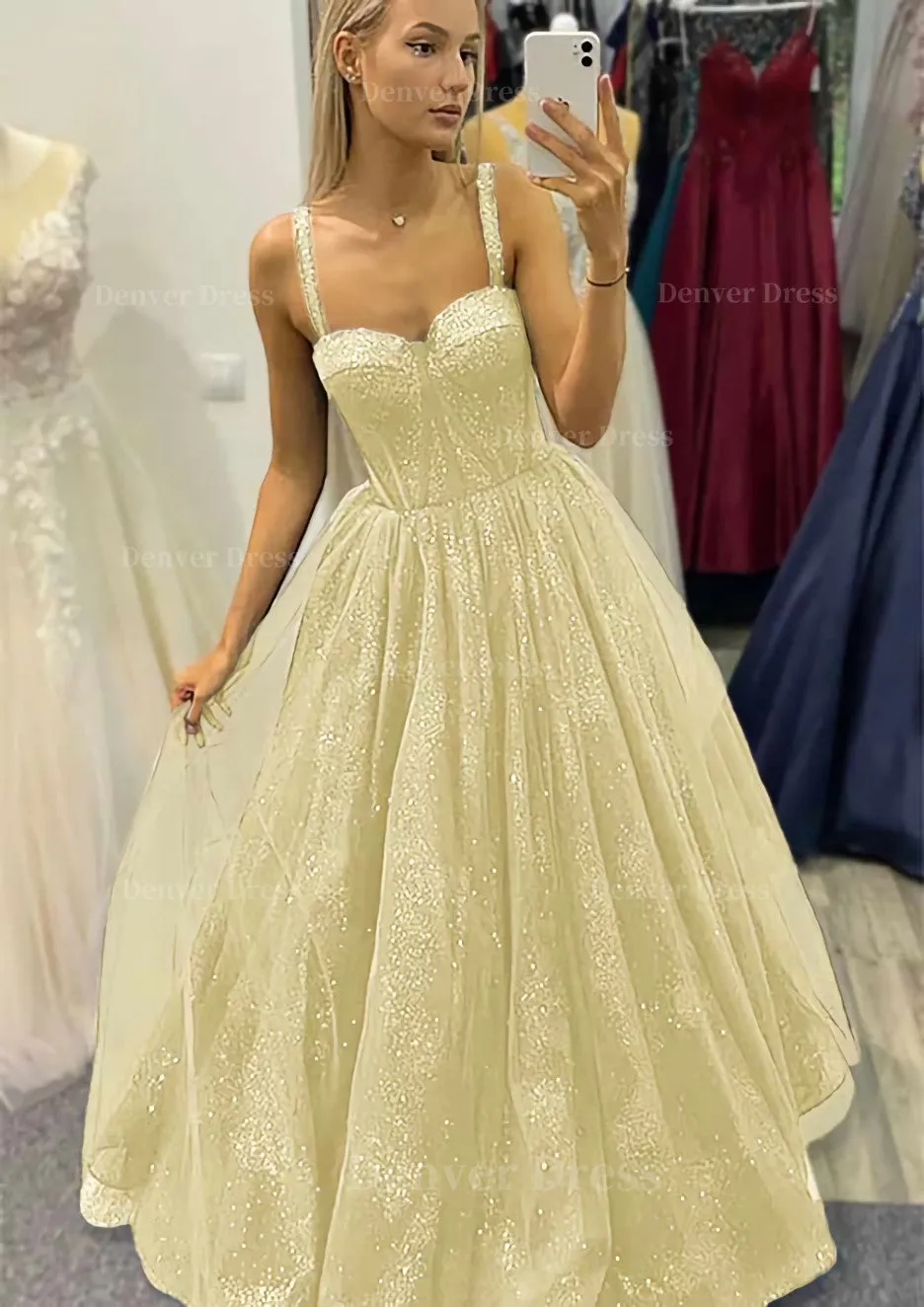 A-line Sweetheart Spaghetti Straps Long/Floor-Length Tulle Glitter Prom Dress