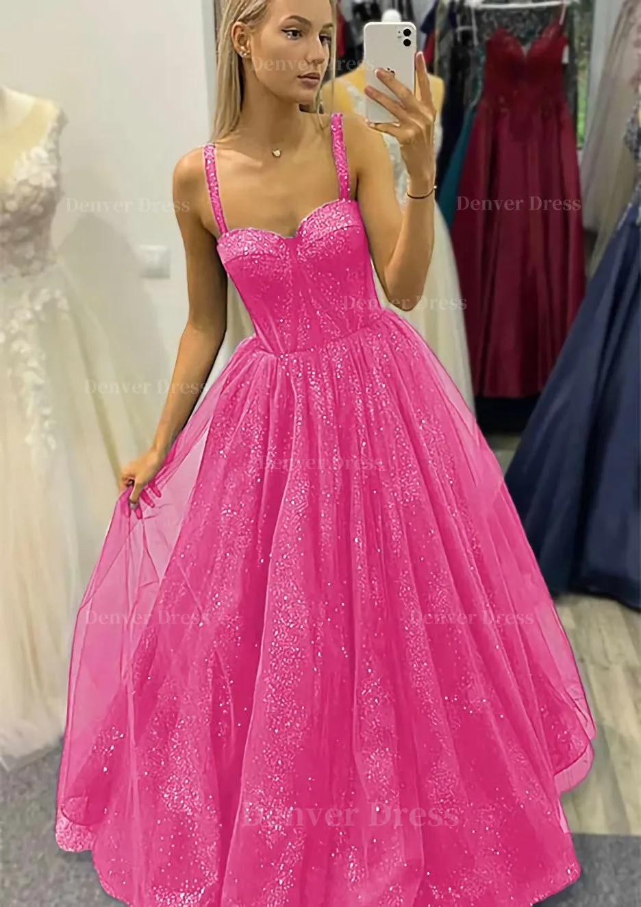 A-line Sweetheart Spaghetti Straps Long/Floor-Length Tulle Glitter Prom Dress