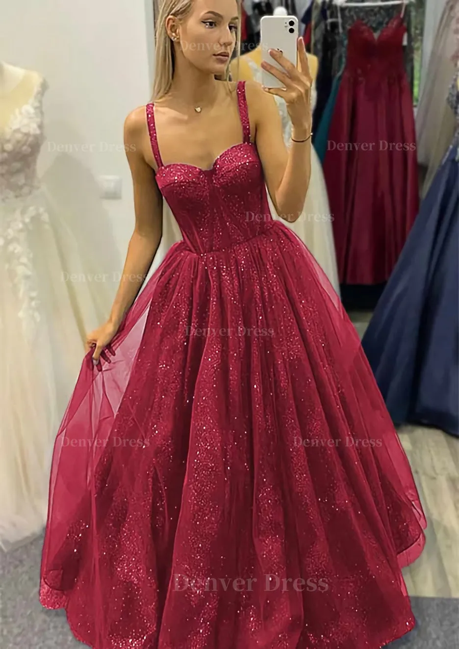 A-line Sweetheart Spaghetti Straps Long/Floor-Length Tulle Glitter Prom Dress