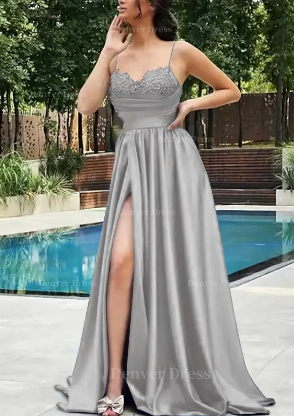 A-line V Neck Spaghetti Straps Sweep Train Satin Prom Dress With Appliqued Beading Pleated Split