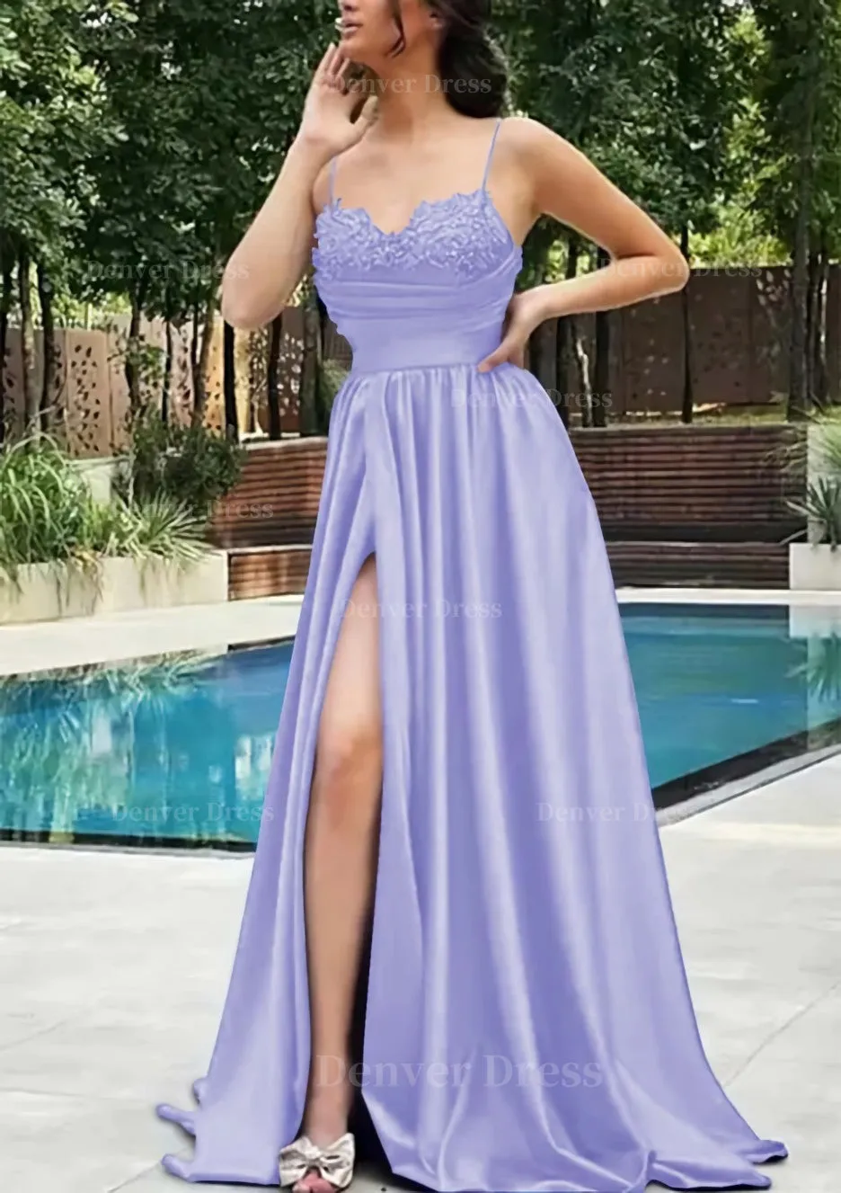 A-line V Neck Spaghetti Straps Sweep Train Satin Prom Dress With Appliqued Beading Pleated Split