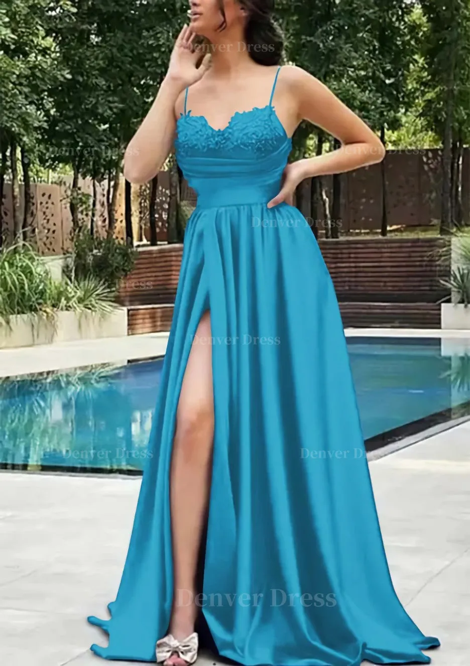 A-line V Neck Spaghetti Straps Sweep Train Satin Prom Dress With Appliqued Beading Pleated Split