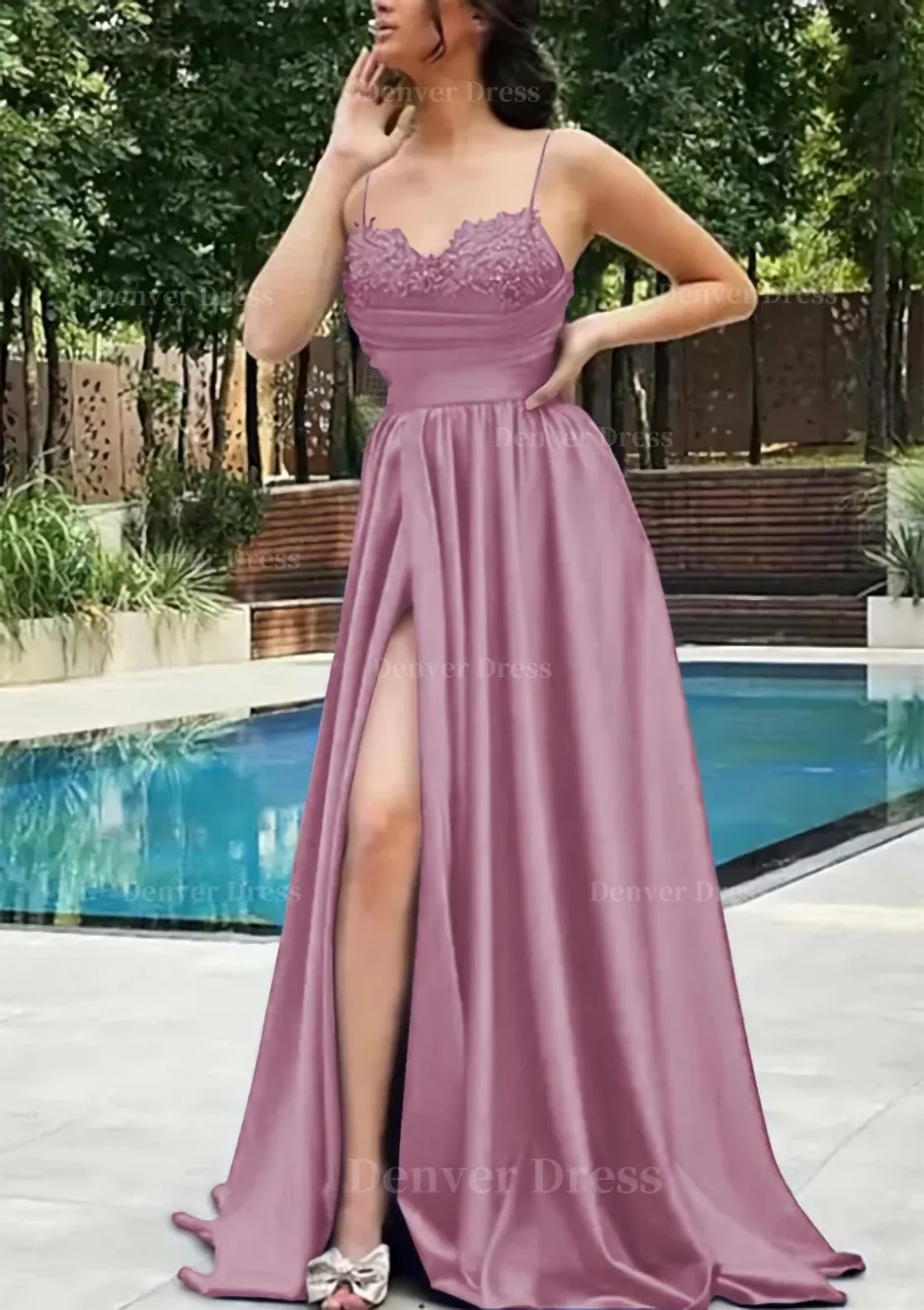 A-line V Neck Spaghetti Straps Sweep Train Satin Prom Dress With Appliqued Beading Pleated Split