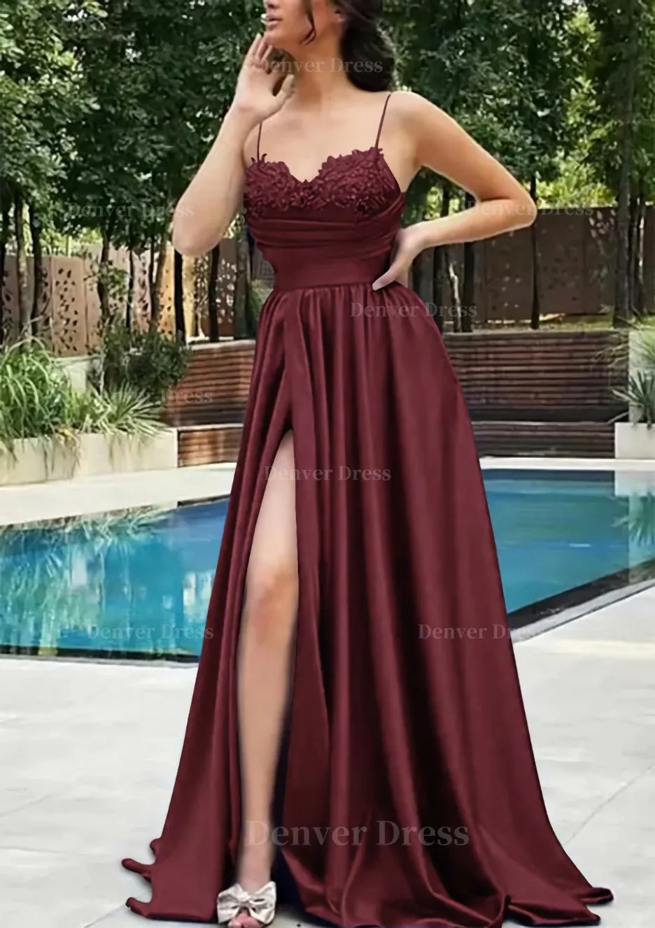 A-line V Neck Spaghetti Straps Sweep Train Satin Prom Dress With Appliqued Beading Pleated Split