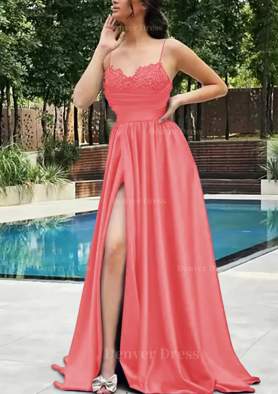 A-line V Neck Spaghetti Straps Sweep Train Satin Prom Dress With Appliqued Beading Pleated Split