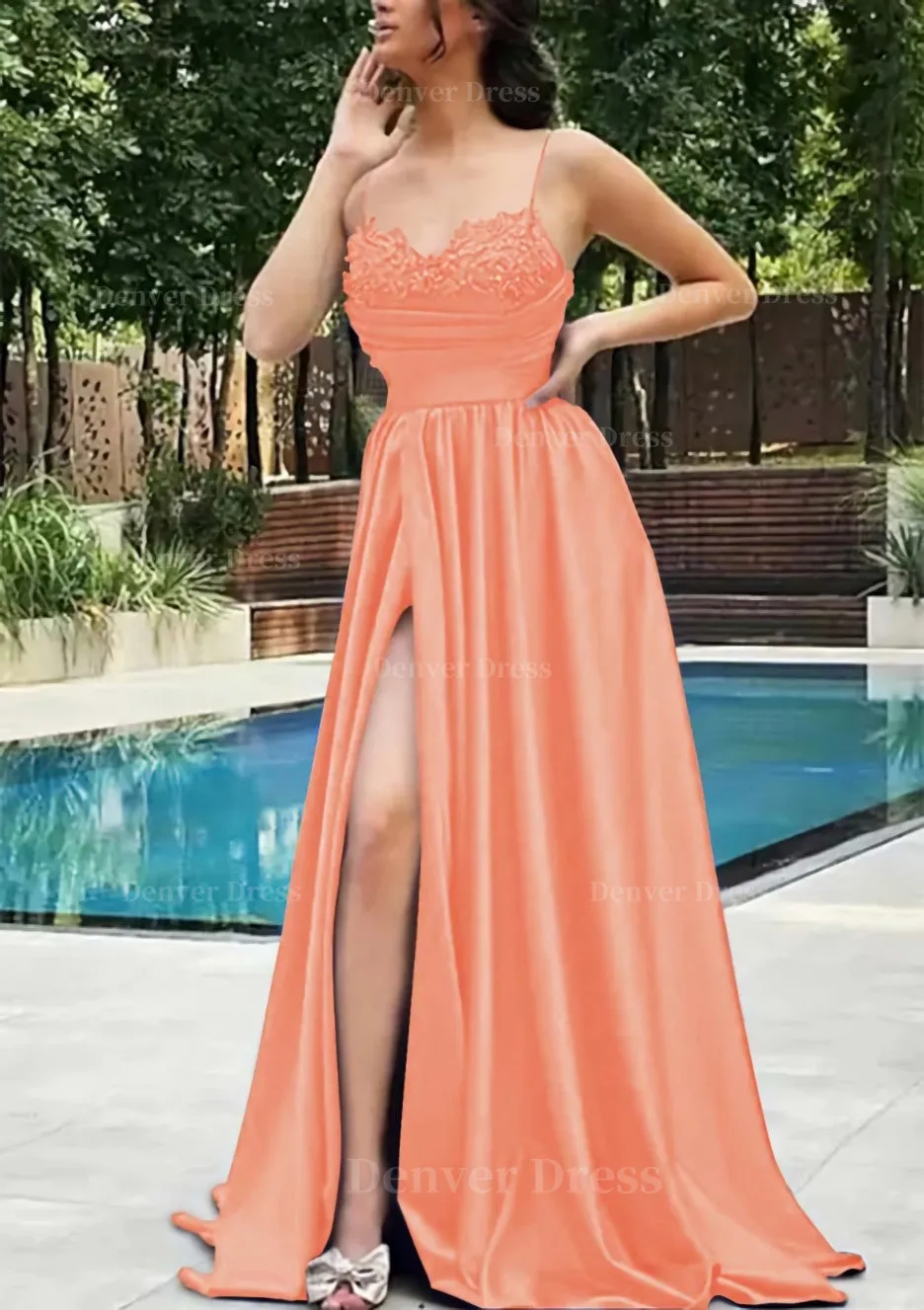 A-line V Neck Spaghetti Straps Sweep Train Satin Prom Dress With Appliqued Beading Pleated Split