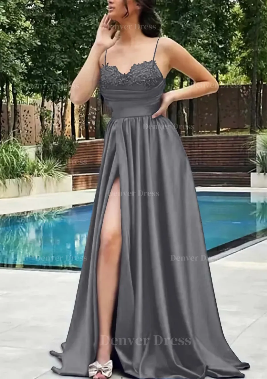 A-line V Neck Spaghetti Straps Sweep Train Satin Prom Dress With Appliqued Beading Pleated Split