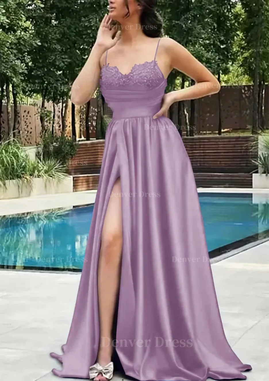 A-line V Neck Spaghetti Straps Sweep Train Satin Prom Dress With Appliqued Beading Pleated Split