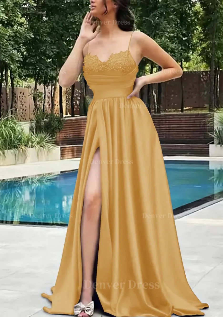 A-line V Neck Spaghetti Straps Sweep Train Satin Prom Dress With Appliqued Beading Pleated Split