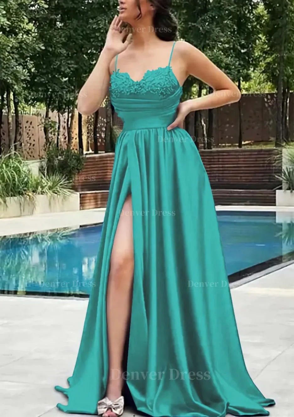 A-line V Neck Spaghetti Straps Sweep Train Satin Prom Dress With Appliqued Beading Pleated Split