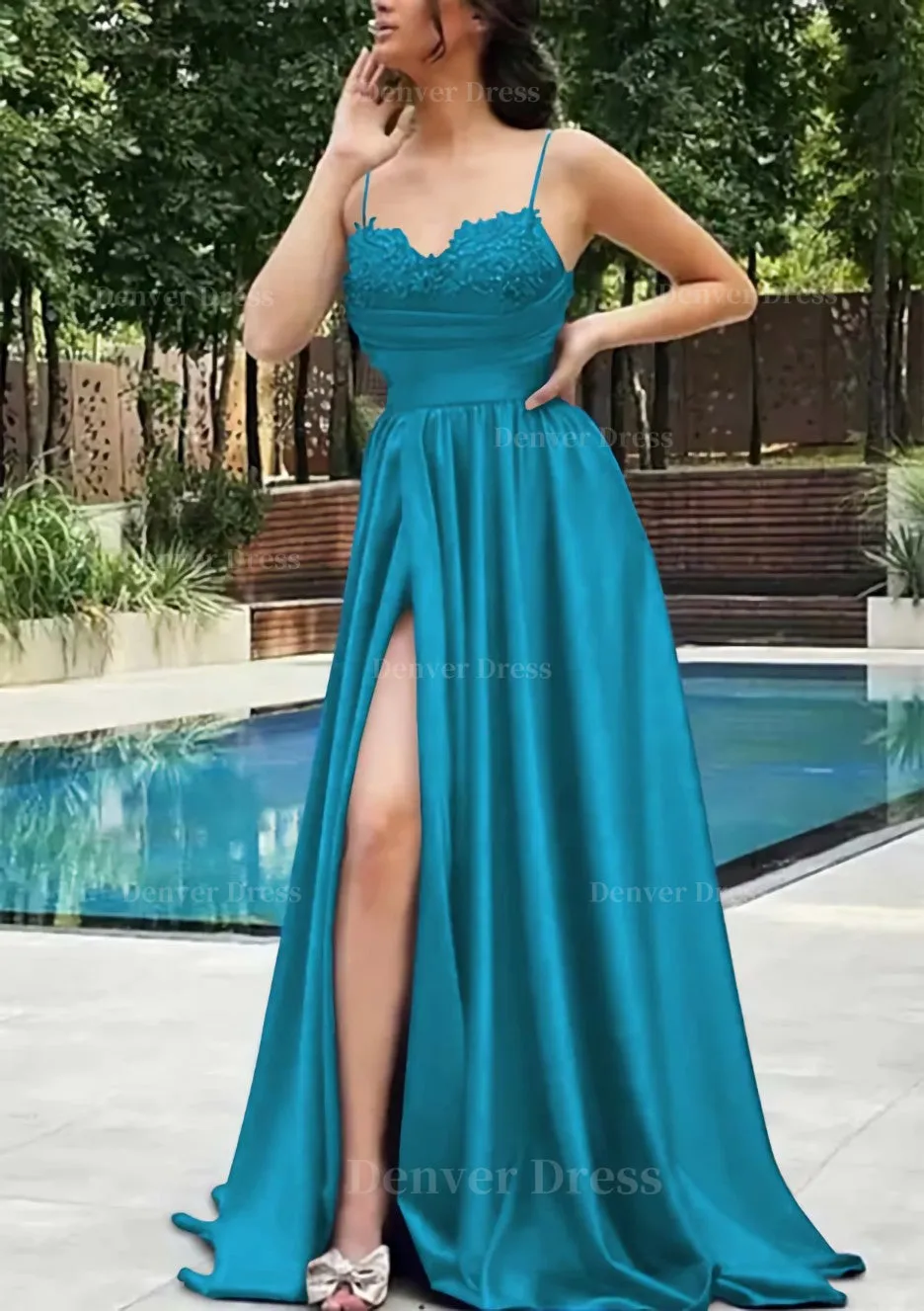 A-line V Neck Spaghetti Straps Sweep Train Satin Prom Dress With Appliqued Beading Pleated Split