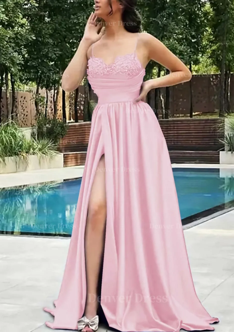 A-line V Neck Spaghetti Straps Sweep Train Satin Prom Dress With Appliqued Beading Pleated Split