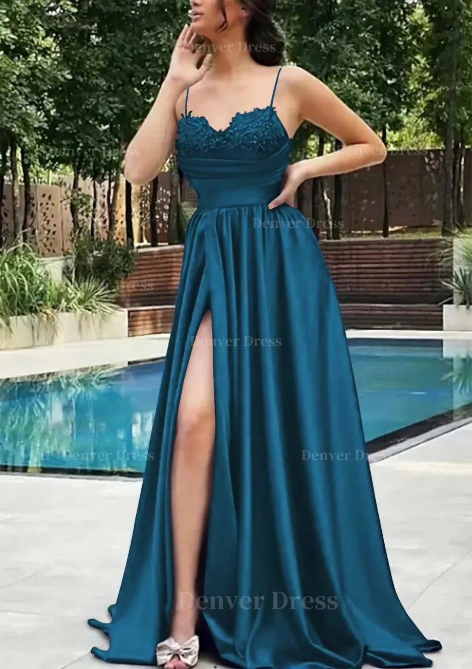 A-line V Neck Spaghetti Straps Sweep Train Satin Prom Dress With Appliqued Beading Pleated Split