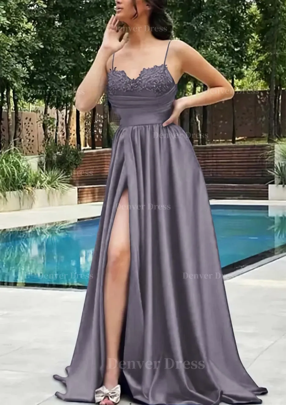 A-line V Neck Spaghetti Straps Sweep Train Satin Prom Dress With Appliqued Beading Pleated Split