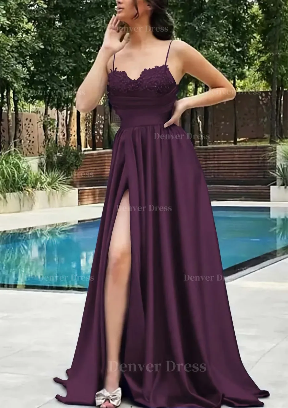 A-line V Neck Spaghetti Straps Sweep Train Satin Prom Dress With Appliqued Beading Pleated Split