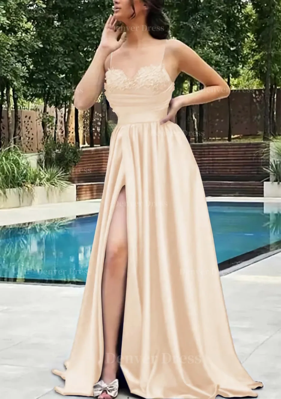 A-line V Neck Spaghetti Straps Sweep Train Satin Prom Dress With Appliqued Beading Pleated Split